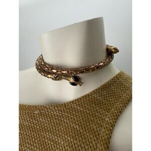 Vintage 1970s Cleopatra Snake Choker Gold Tone Wrap Necklace Black Glass Eye